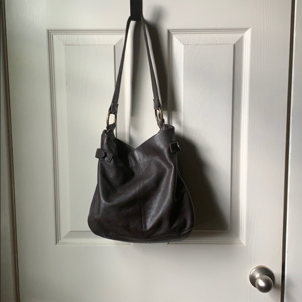 Brown leather bucket bag